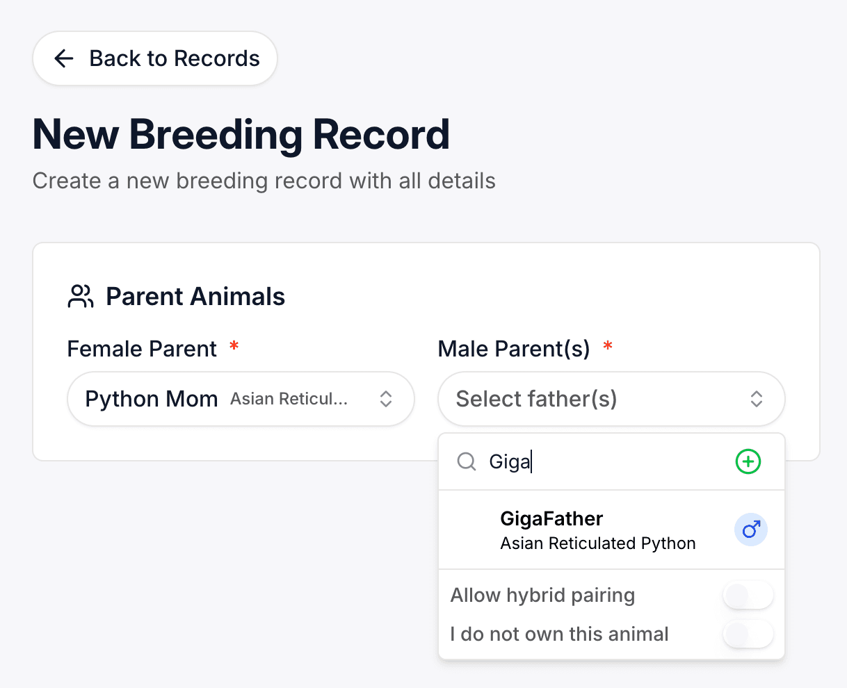 Creating a breeding record in TruGenix: selecting parent animals